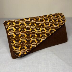 Global Good Brown and Tan Geometrical Pattern Asymmetrical Fold-Over Clutch Bag